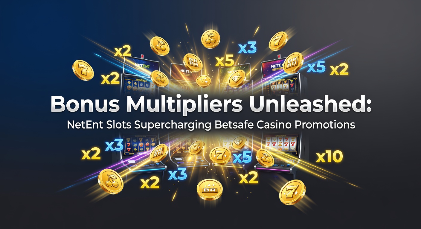 Close-up of a Betsafe promotion banner highlighting NetEnt's Gonzo's Quest with active multiplier trail climbing to 15x, surrounded by jackpot counters and free spin counters from March 2026 event