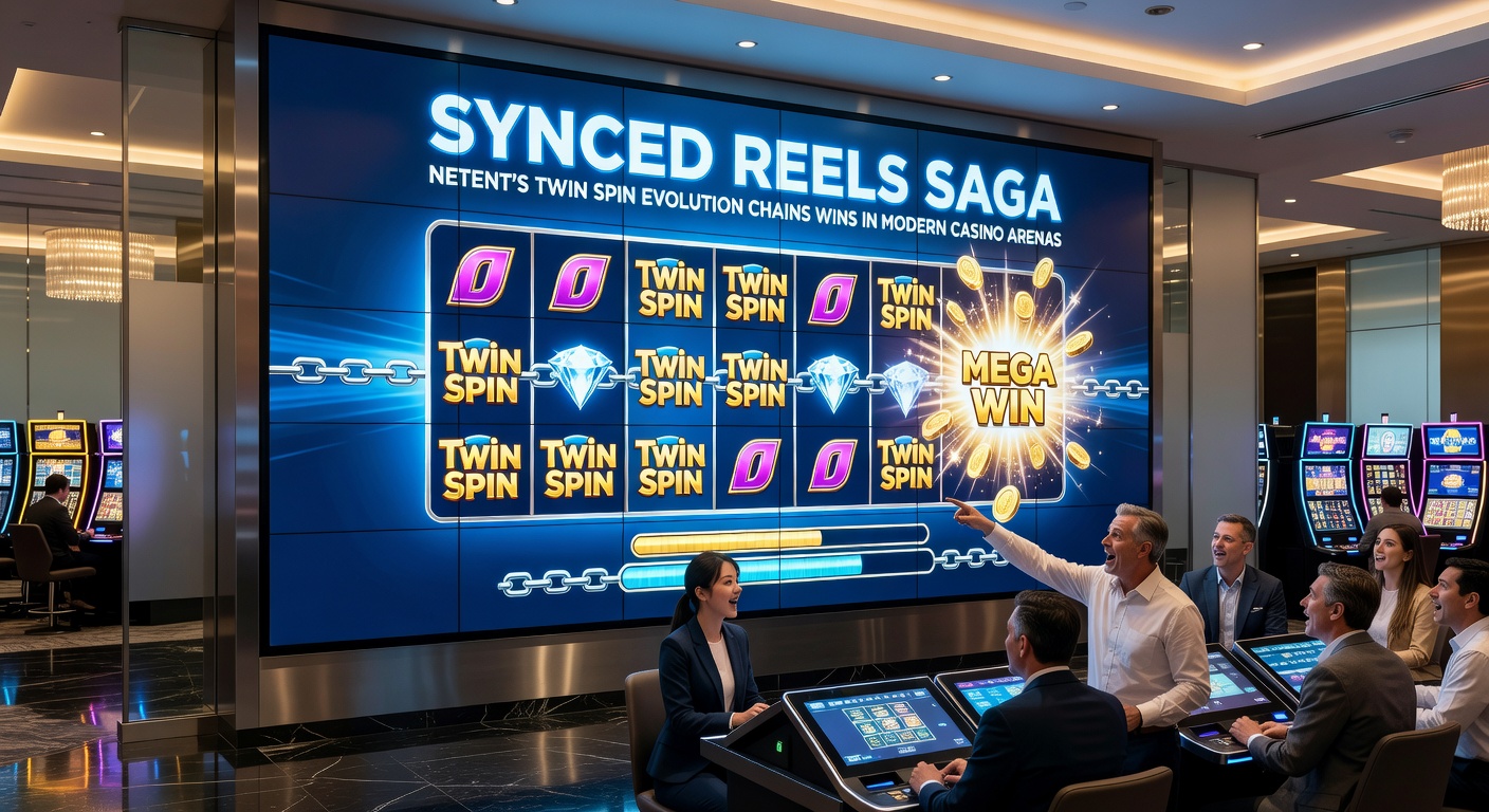 Vibrant screenshot of Twin Spin slot reels syncing up for a massive win chain on a modern casino interface